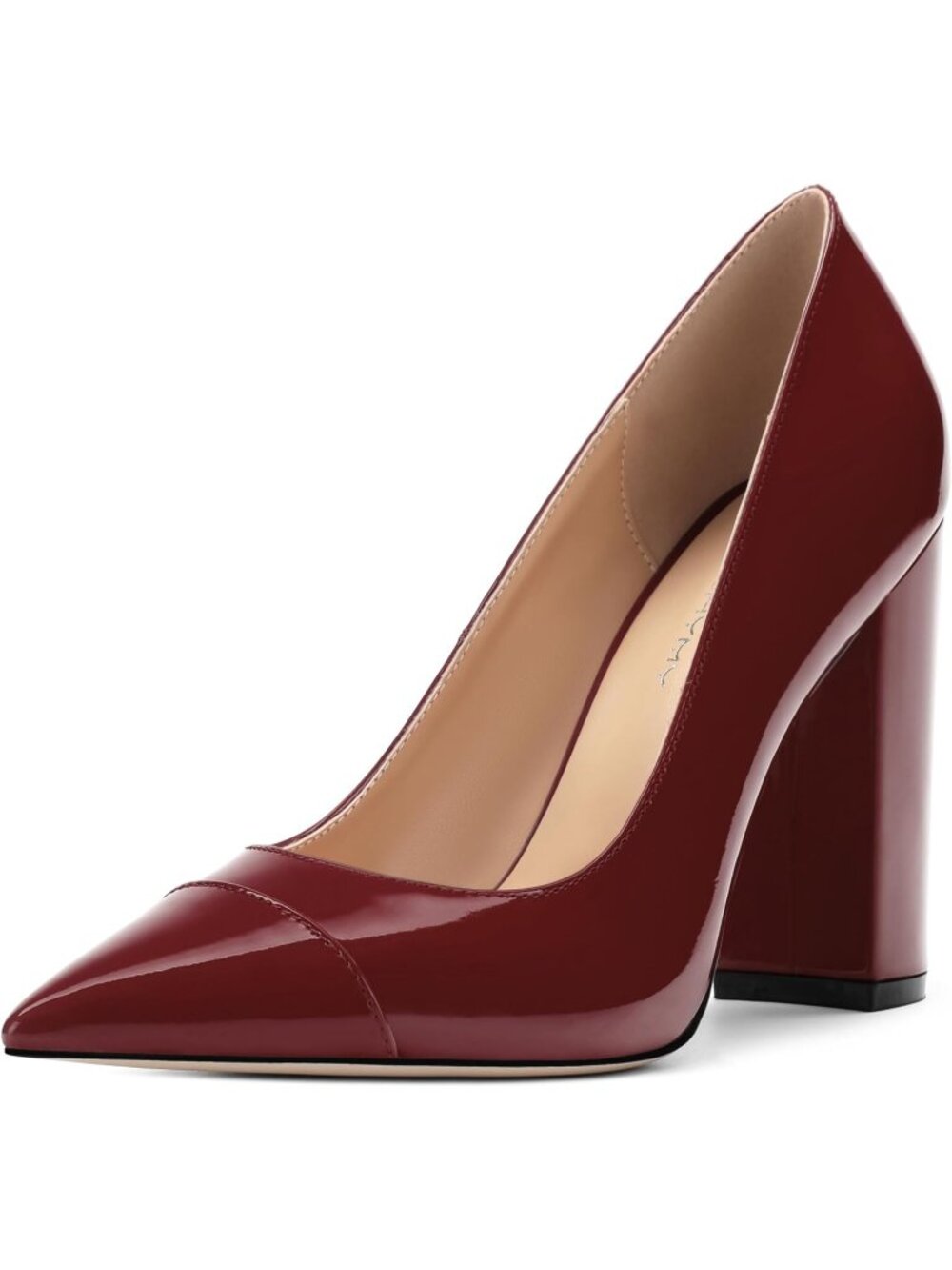Women's Burgundy Patent Pump Pointed Toe High Heel Fashion Shoes Block Heel 3.9"